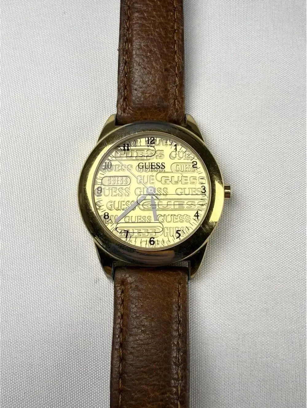 GUESS Vintage VTG Women’s Watch Gold Dial Brown Leather Band Loose Back Plate